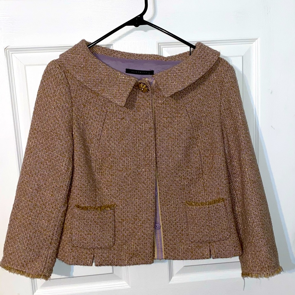 Elie Tahari women’s 3/4 sleeve blazer, tan and purple color, size S